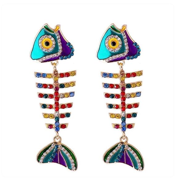 🐠 Betsey Johnson unique & colorful fish bone dangle crystal earrings 🐠 - Picture 1 of 7